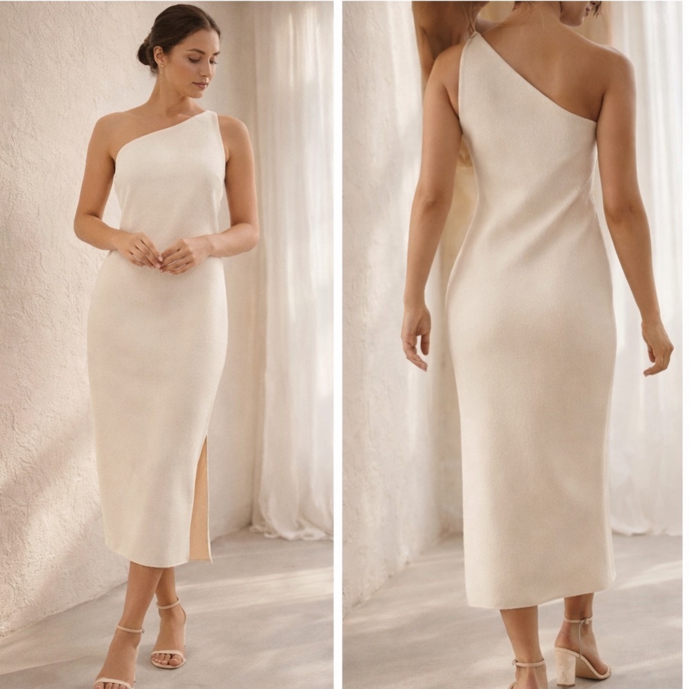BHLDN Audrie One-Shoulder Satin Midi Dress Oyster Formal Wedding Guest